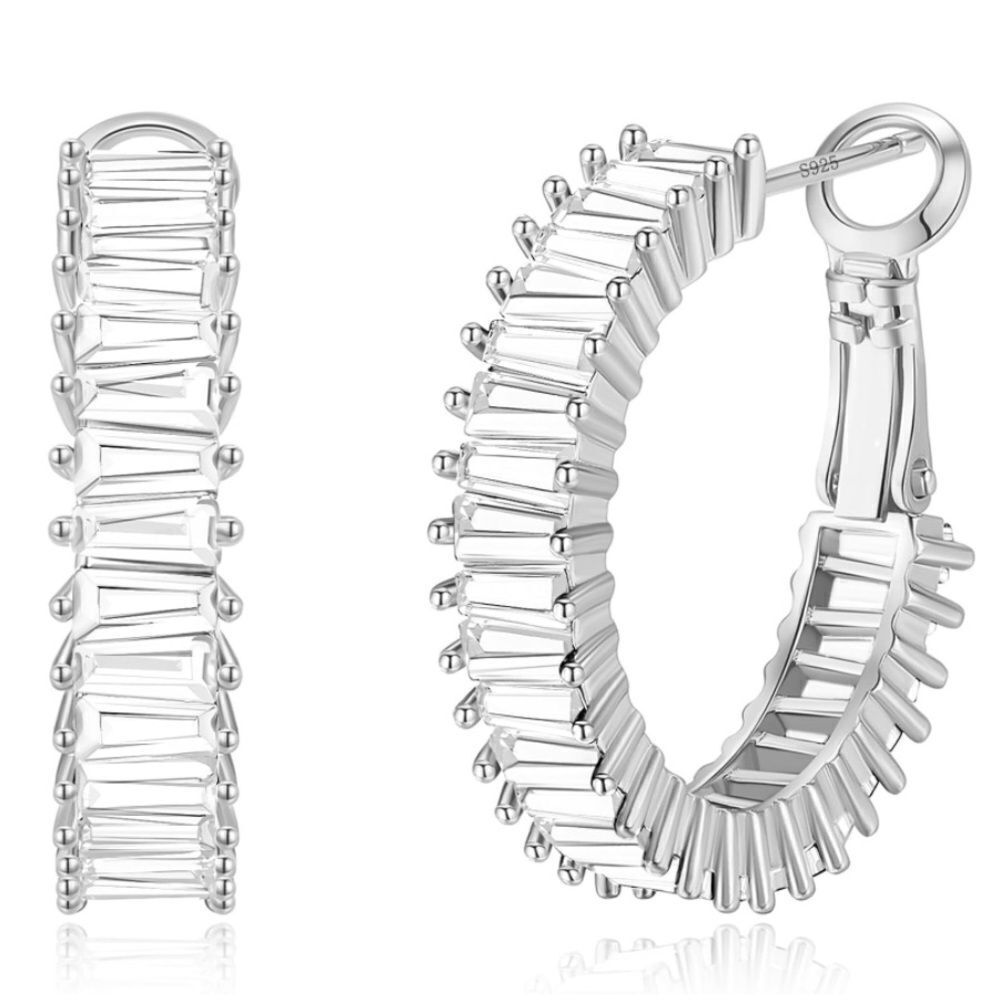14K White Gold with White Diamond Cubic Zirconia Drop Hoop Leverback Earrings